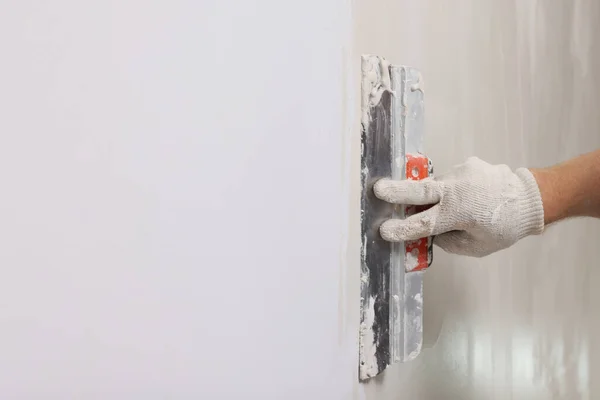 Worker Plastering Wall Putty Knife Indoors Closeup Space Text — Stock Photo, Image