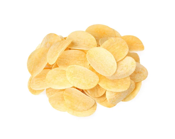 Heap Delicious Potato Chips White Background Top View — Stock Photo, Image