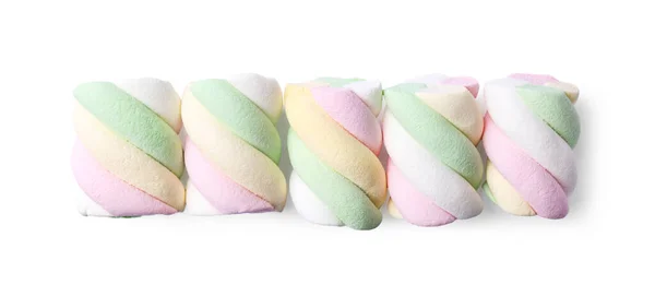 Delicious Colorful Marshmallows White Background Top View — Stock Photo, Image