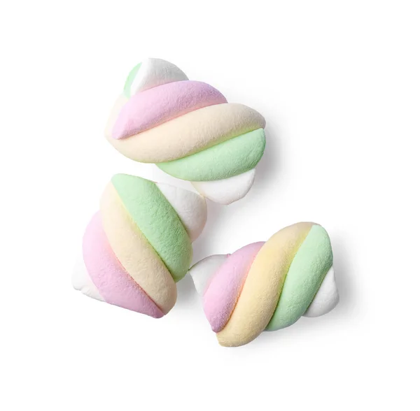 stock image Delicious colorful marshmallows on white background, top view