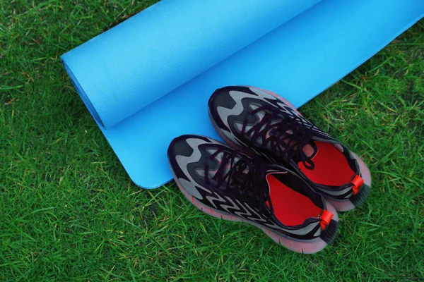 Mavi Karemat Fitness Paspası Yeşil Çimlerin Üzerinde Spor Ayakkabılar — Stok fotoğraf