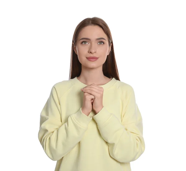 Woman Clasped Hands Praying White Background — Stock Photo, Image
