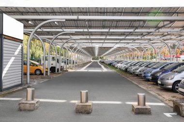 Sonbahar günü açık havada otoparkın yanında cesurca yürür.