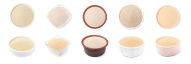 Beyaz arkaplan ve pankart tasarımı kaselerde granüle edilmiş maya ile hazırlanmış.