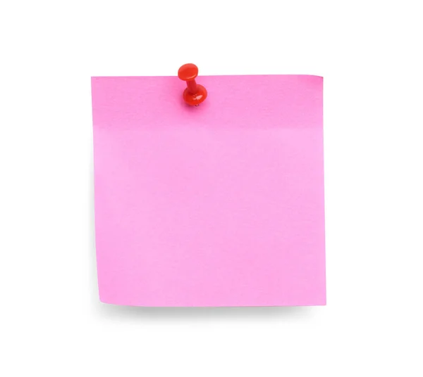 stock image Blank pink note pinned on white background, top view