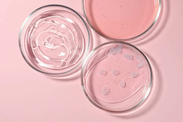 Placas Petri Con Líquidos Sobre Fondo Rosa Pálido Planas — Foto de Stock