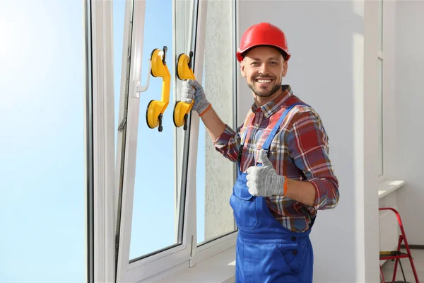 Worker Using Suction Lifters Plastic Window Installation Indoors — Fotografia de Stock
