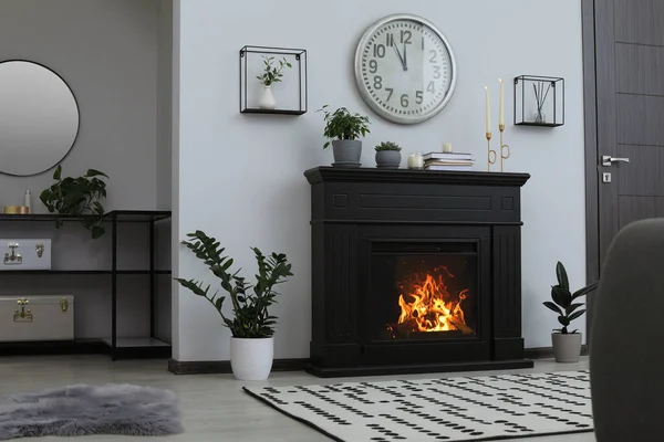 暖炉と緑の植物とスタイリッシュなリビングルームのインテリア — ストック写真