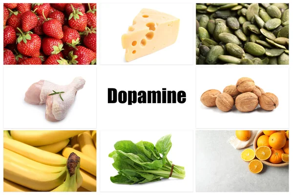 Verschillende Voedingsmiddelen Rijk Aan Dopamine Die Kunnen Helpen Geluk Voelen — Stockfoto
