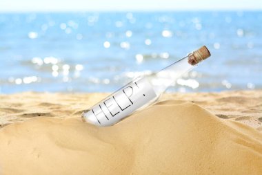 Okyanus kıyısındaki kumlu sahilde rulo kâğıt ile kaplanmış şişe.