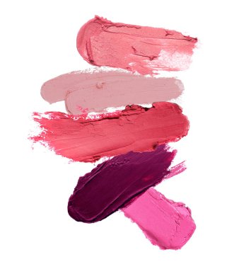 Beyaz arka planda farklı ruj lekeleri. Kozmetik ürünü