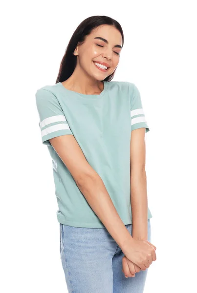 Verlegen Jonge Vrouw Shirt Witte Achtergrond — Stockfoto