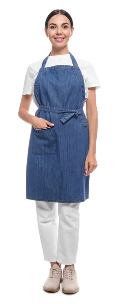 Jonge Vrouw Blauwe Jeans Schort Witte Achtergrond — Stockfoto