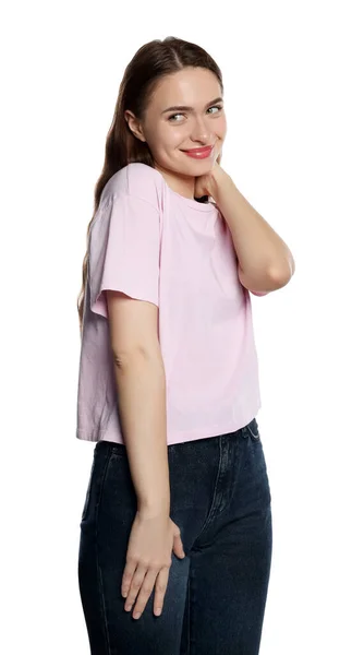 Beyaz Arka Planda Gömlekli Utangaç Genç Bir Kadın — Stok fotoğraf