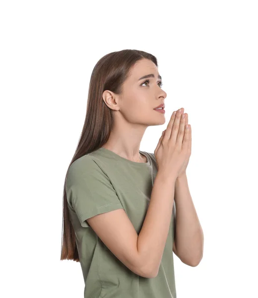 Γυναίκα Σφιγμένα Χέρια Προσεύχεται Λευκό Φόντο — Φωτογραφία Αρχείου