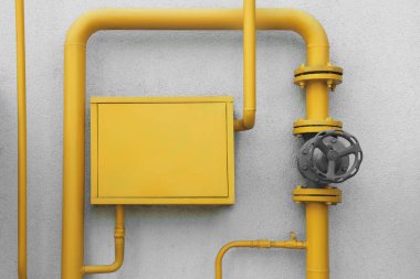 Dışarıdaki gri duvarın yanında gaz sayacı ve borular var.
