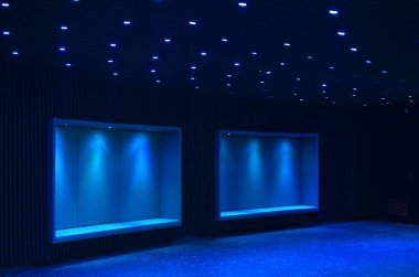 Duvar oyukları ve tavan ışıkları olan güzel bir oda manzarası.