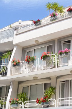 Balkonları ve çiçekleri olan güzel bir apartmanın dış cephesi.