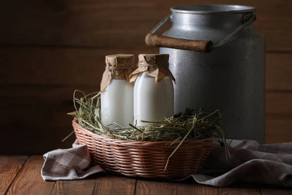 Tasty Fresh Milk Can Bottles Wooden Table — Fotografia de Stock
