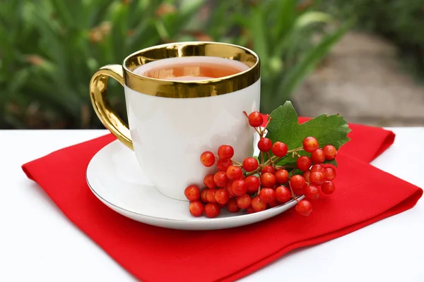 外面的桌上放着一杯茶和新鲜成熟的维伯纳姆浆果 — 图库照片
