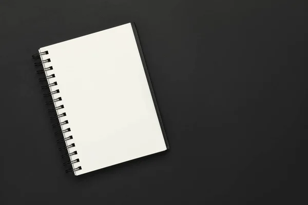 Blank Notebook Black Background Top View Space Text — Stock Photo, Image