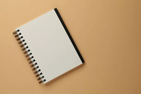 Blank Notebook Beige Background Top View Space Text — Stockfoto