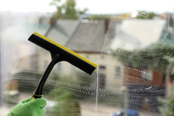 Woman Cleaning Glass Squeegee Indoors Closeup — Fotografia de Stock