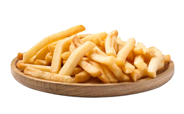 Wooden Plate Delicious French Fries White Background — Stock Photo, Image