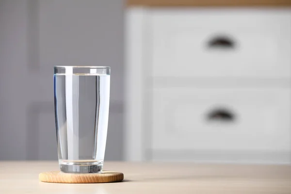 Glass Clean Water Wooden Table Indoors Space Text — Stok Foto
