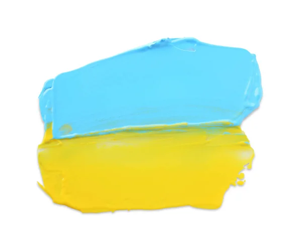 Muestras Pintura Azul Claro Amarillo Sobre Fondo Blanco Vista Superior —  Fotos de Stock