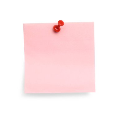 Blank pink note pinned on white background, top view