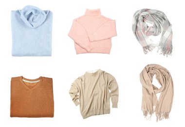 Farklı kaşmir kıyafetlerle set beyaz, üst görünümde izole