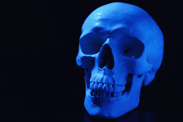 Crânio Humano Azul Sobre Fundo Preto Espaço Para Texto — Fotografia de Stock