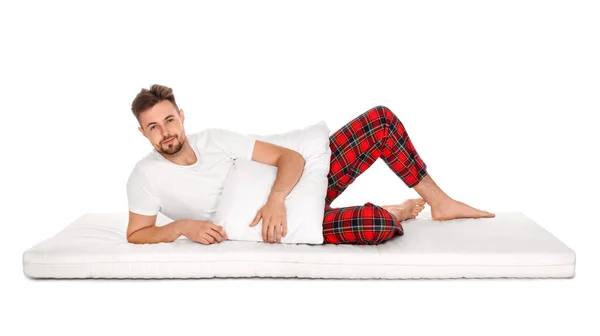 Homme Avec Oreiller Couché Sur Matelas Doux Sur Fond Blanc — Photo