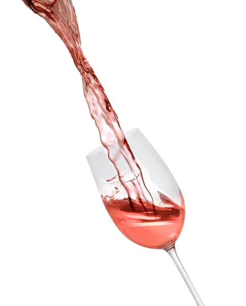 Wlewanie Pysznego Różanego Wina Szklanki Białym Tle — Zdjęcie stockowe