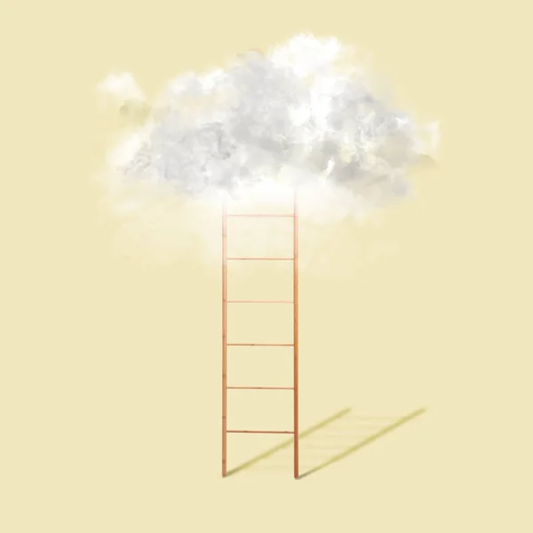 stock image Wooden ladder leading to white cloud on light background. Concept of growth and development