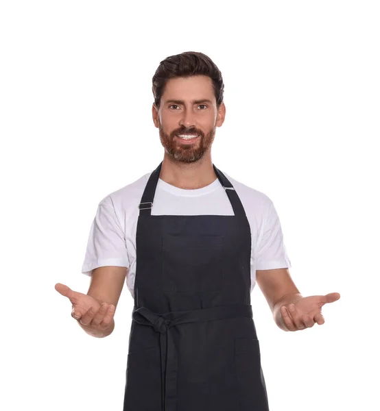 stock image Professional hairdresser wearing apron on white background