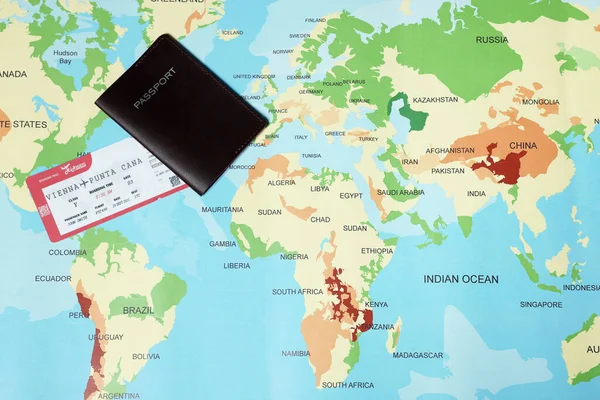 Pasaporte Billete Mapa Del Mundo Plano —  Fotos de Stock