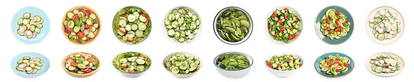 Conjunto Deliciosa Salada Com Pepinos Ingredientes Diferentes Fundo Branco Design — Fotografia de Stock