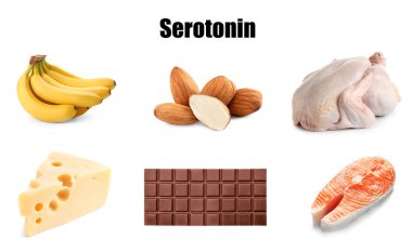 Serotonin açısından zengin olan farklı gıdalar neşeli kalmanıza yardımcı olabilir. Beyaz arka planda farklı lezzetli ürünler