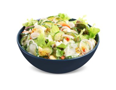 Bowl of delicious cucumber salad isolated on white