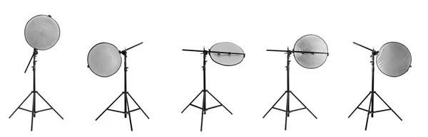 stock image Set of tripods with reflectors on white background, banner design. Professional photographer's equipment