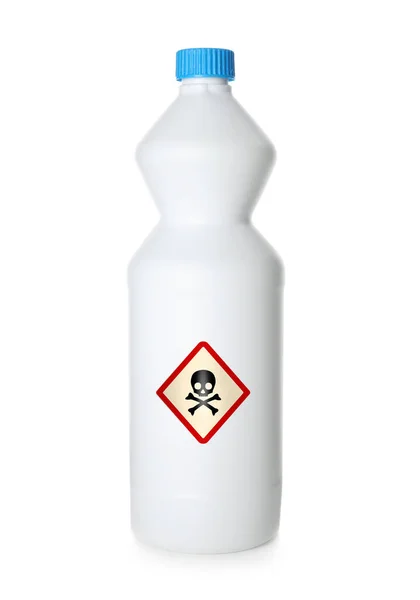 Flaska Med Giftiga Hushållskemikalier Med Varningsskylt Vit Bakgrund — Stockfoto