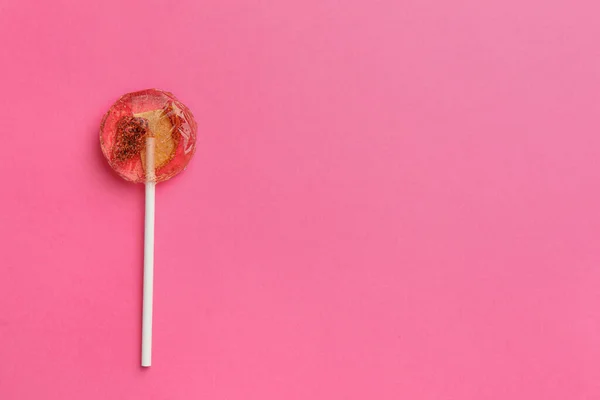 Sweet Colorful Lollipop Berries Pink Background Top View Space Text — Stok fotoğraf