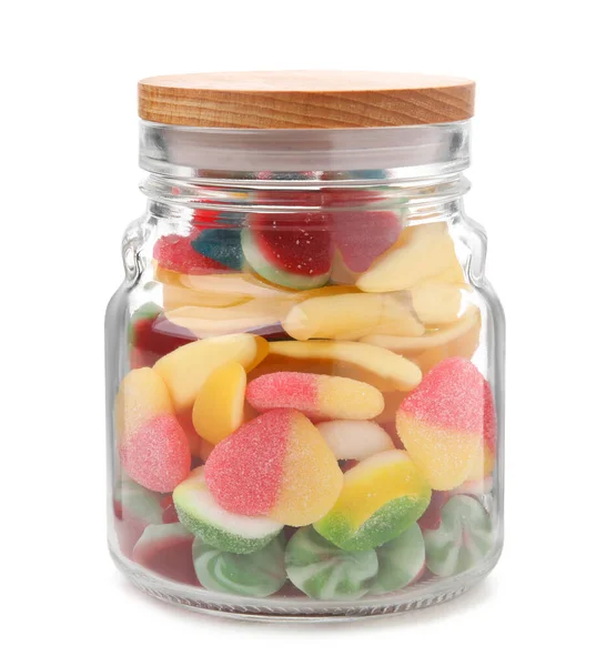 Jar Tasty Jelly Candies White Background — Stock Photo, Image