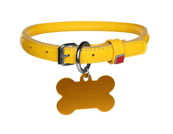 Collar Perro Cuero Amarillo Con Etiqueta Forma Hueso Aislado Blanco —  Fotos de Stock