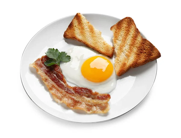 Tasty Fried Egg Toast Bacon Plate Isolated White — Stock Photo, Image