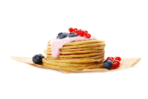 Tasty Pancakes Natural Yogurt Blueberries Red Currants White Background — Stockfoto