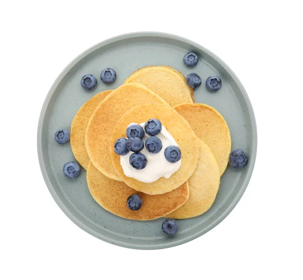 Pancake Lezat Dengan Yogurt Alami Dan Blueberry Dengan Latar Belakang — Stok Foto
