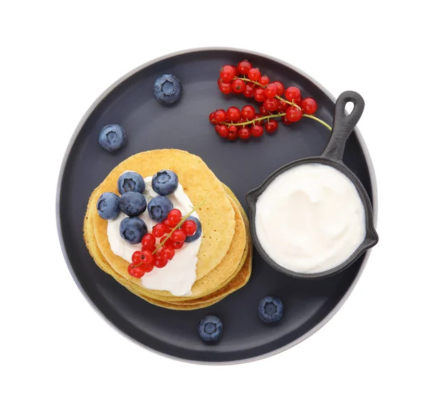 Tasty Pancakes Natural Yogurt Blueberries Red Currants White Background — Stok Foto